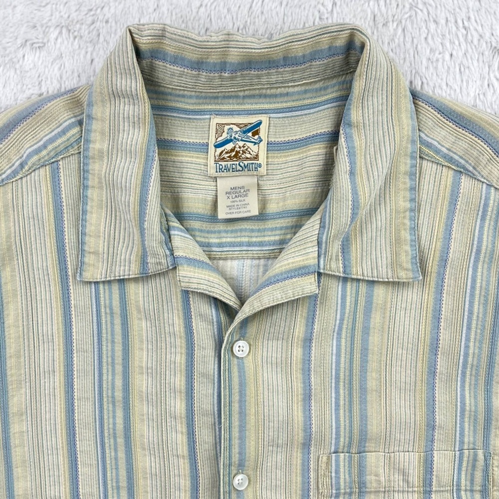 Vintage Travelsmith Shirt Men's XL Beige Blue Striped Silk Short Sleeve Camp 90s